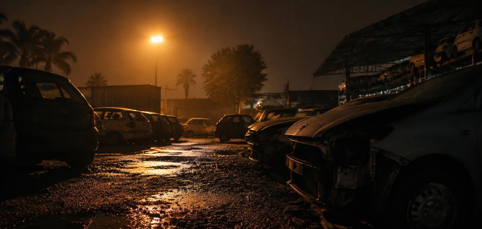 Automobile yard at night with damaged vehicles under a floodlight